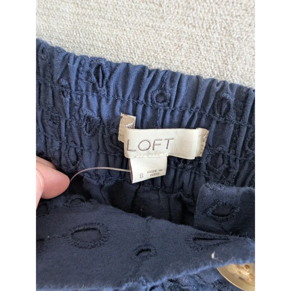 LOFT Blue Eyelet Cotton Midi Skirt Size 8 Button Front A-Line Lined Cottagecore - Picture 2 of 6